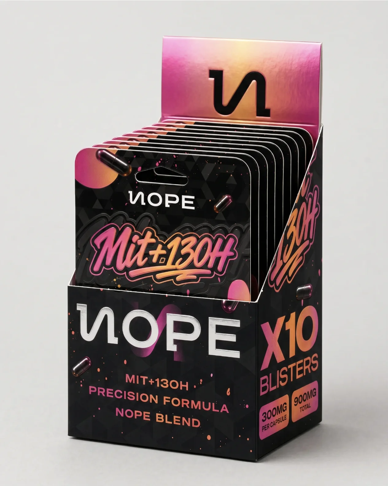 Expositor de mostrador de NOPE Mit+130H con diez blísteres colgables y logotipo en foil plata