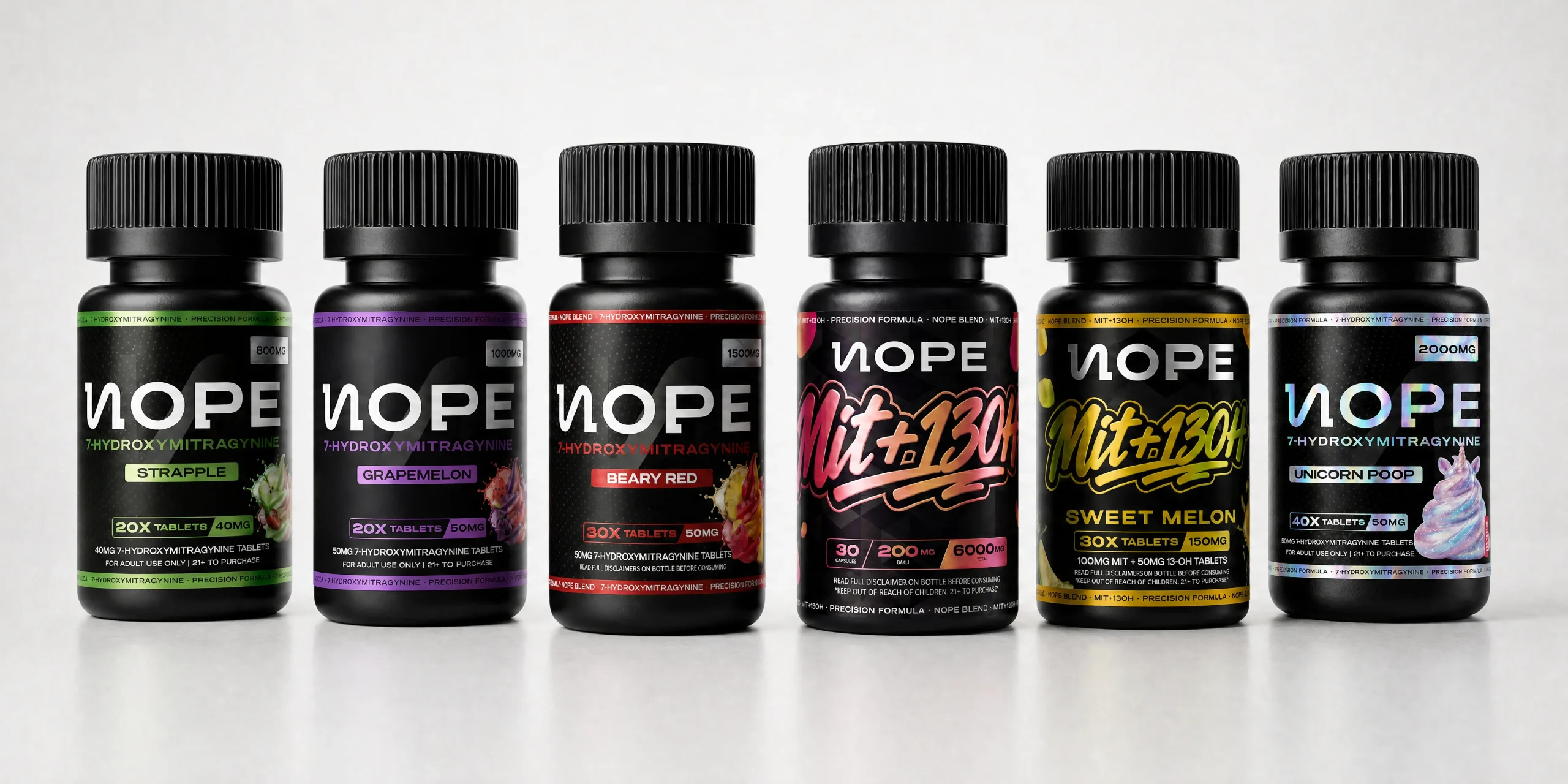 Gama de NOPE en negro mate, seis referencias con código de color por sabor