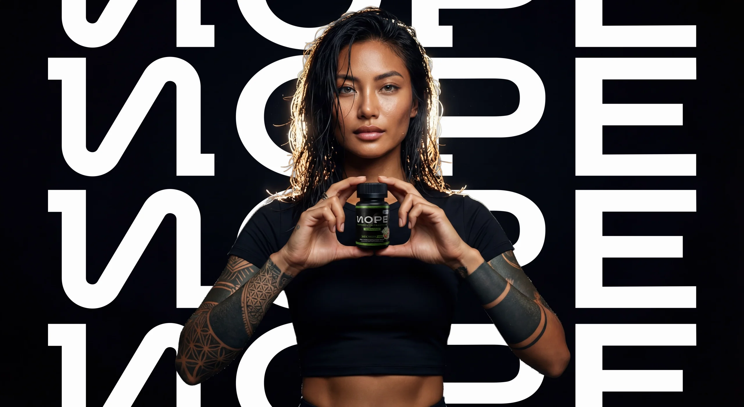 Imagen de campaña de NOPE, modelo sosteniendo el producto sobre fondo negro con la marca repetida en gran formato