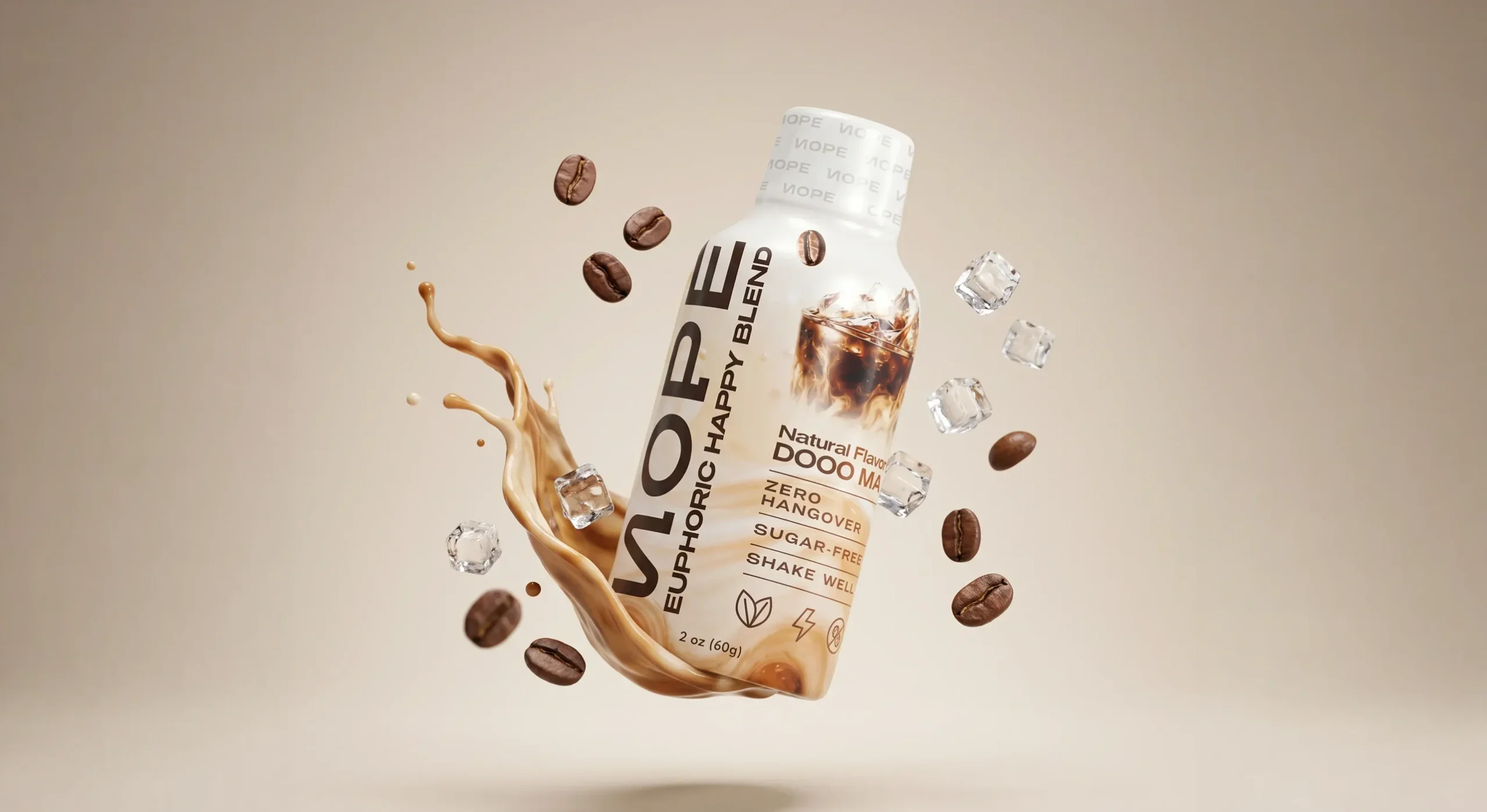 Shot de NOPE Euphoric Happy Blend sabor café, botella en crema y marrón con granos y hielo suspendidos