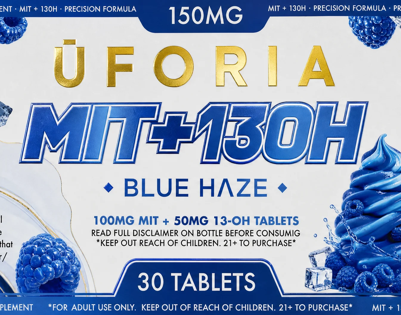 Detalle del packaging de Uforia MIT + 130H Blue Haze, con logotipo en dorado estampado y tipografía cromada en azul