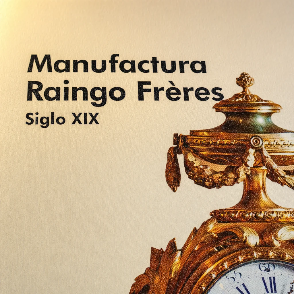 Detalle de una ficha del libro Los Relojes del Congreso de los Diputados, con titular y reloj Raingo Frères reproducido a doble página