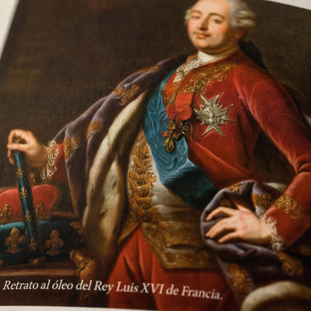 Detalle impreso del libro Los Relojes del Congreso de los Diputados, retrato al óleo reproducido con trama visible