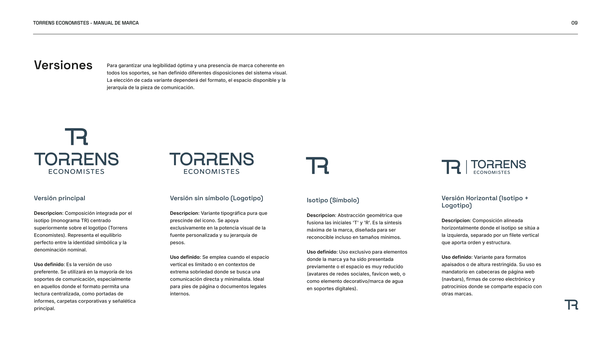 Página de versiones del manual de marca de Torrens Economistes, con las cuatro disposiciones del logotipo