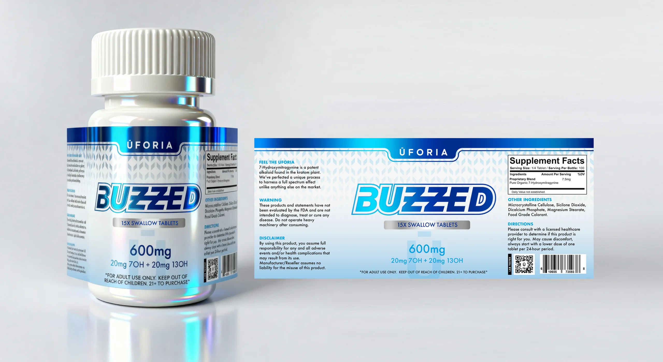 Etiqueta de Uforia Buzzed, bote y arte plano desplegado en gama de azules