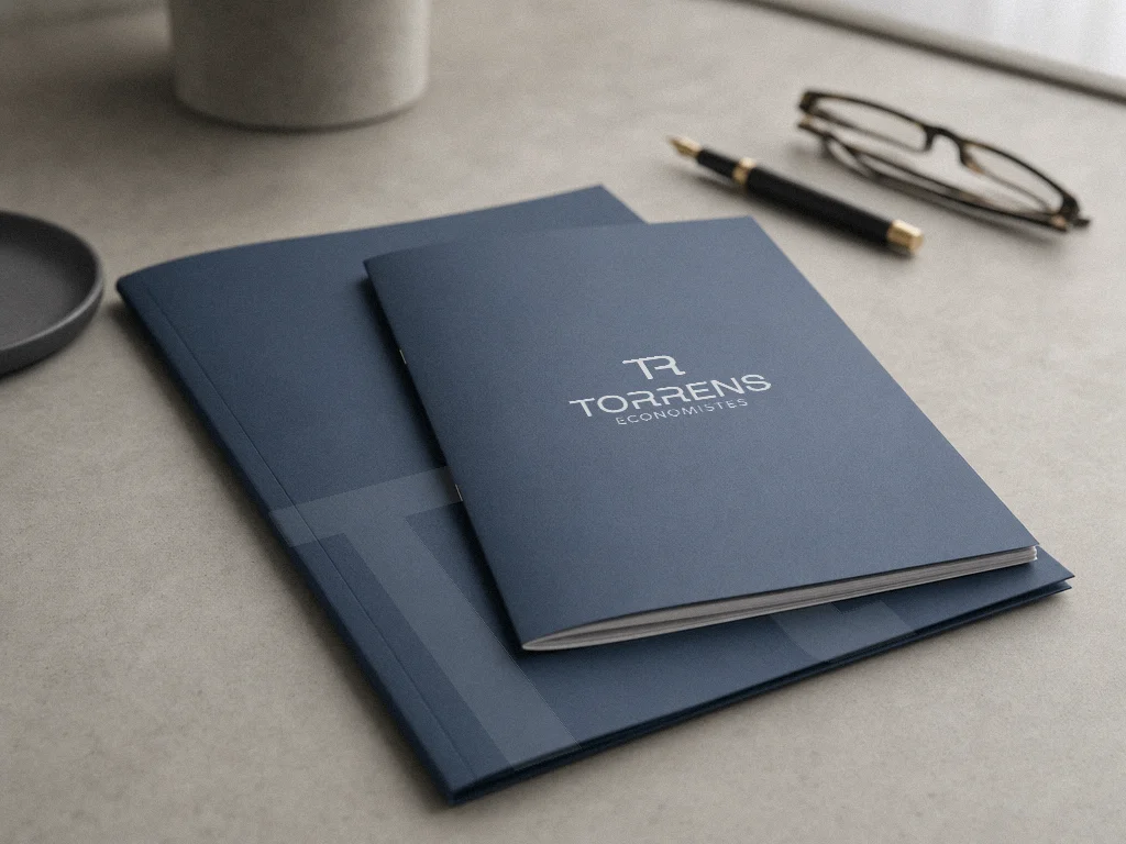 Dossier y carpeta corporativa de Torrens Economistes en azul, con logotipo estampado en plata