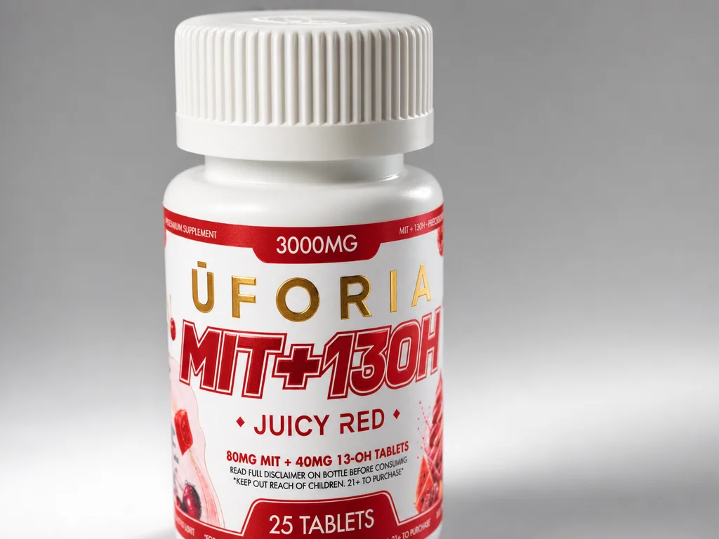 Bote de Uforia MIT + 130H Juicy Red, etiqueta en rojo y dorado sobre envase blanco